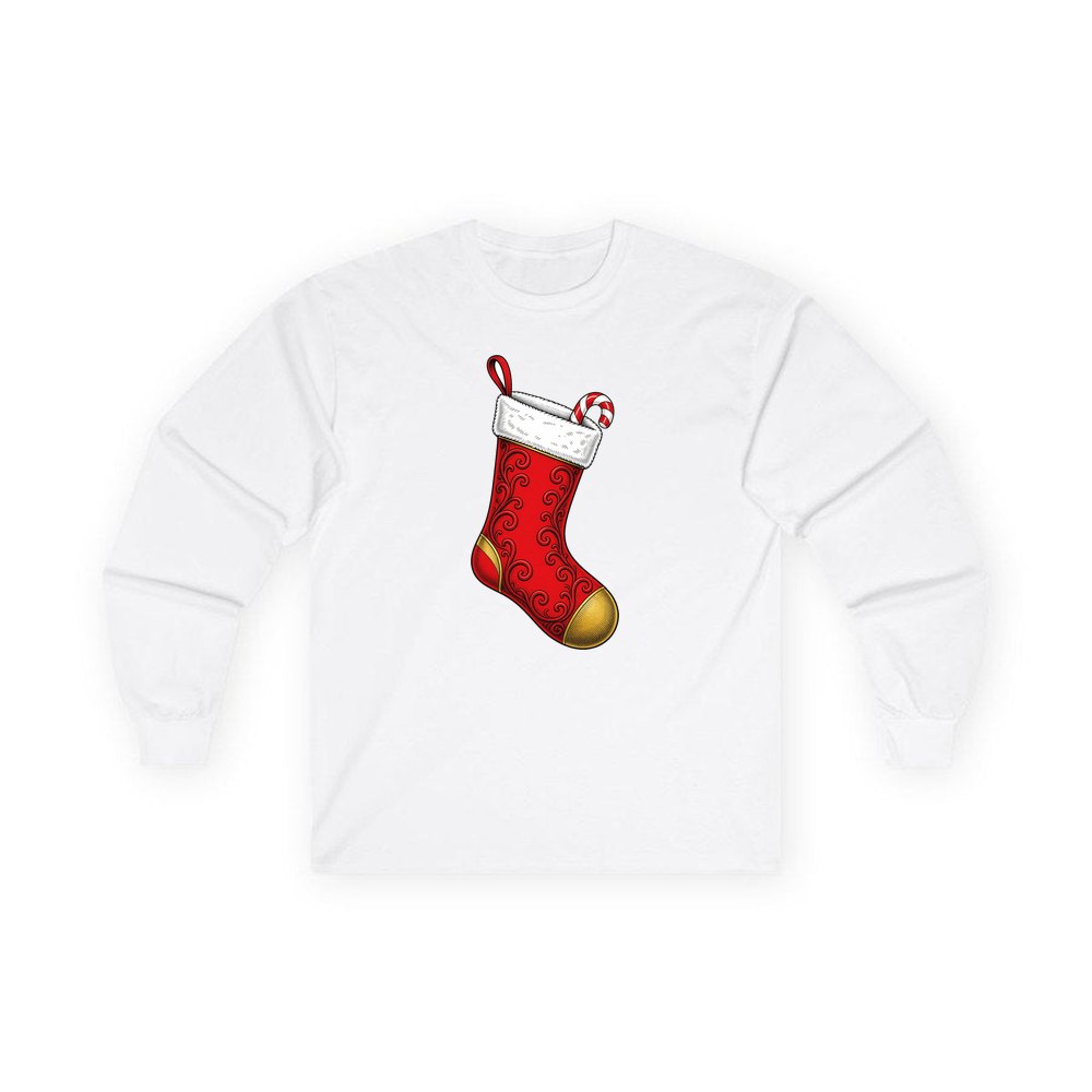 Red Christmas Stocking personalised long sleeve Christmas T-shirt in white