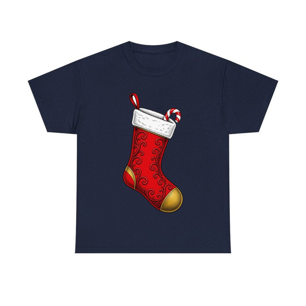 Red Christmas Stocking personalised Christmas T-shirt in navy