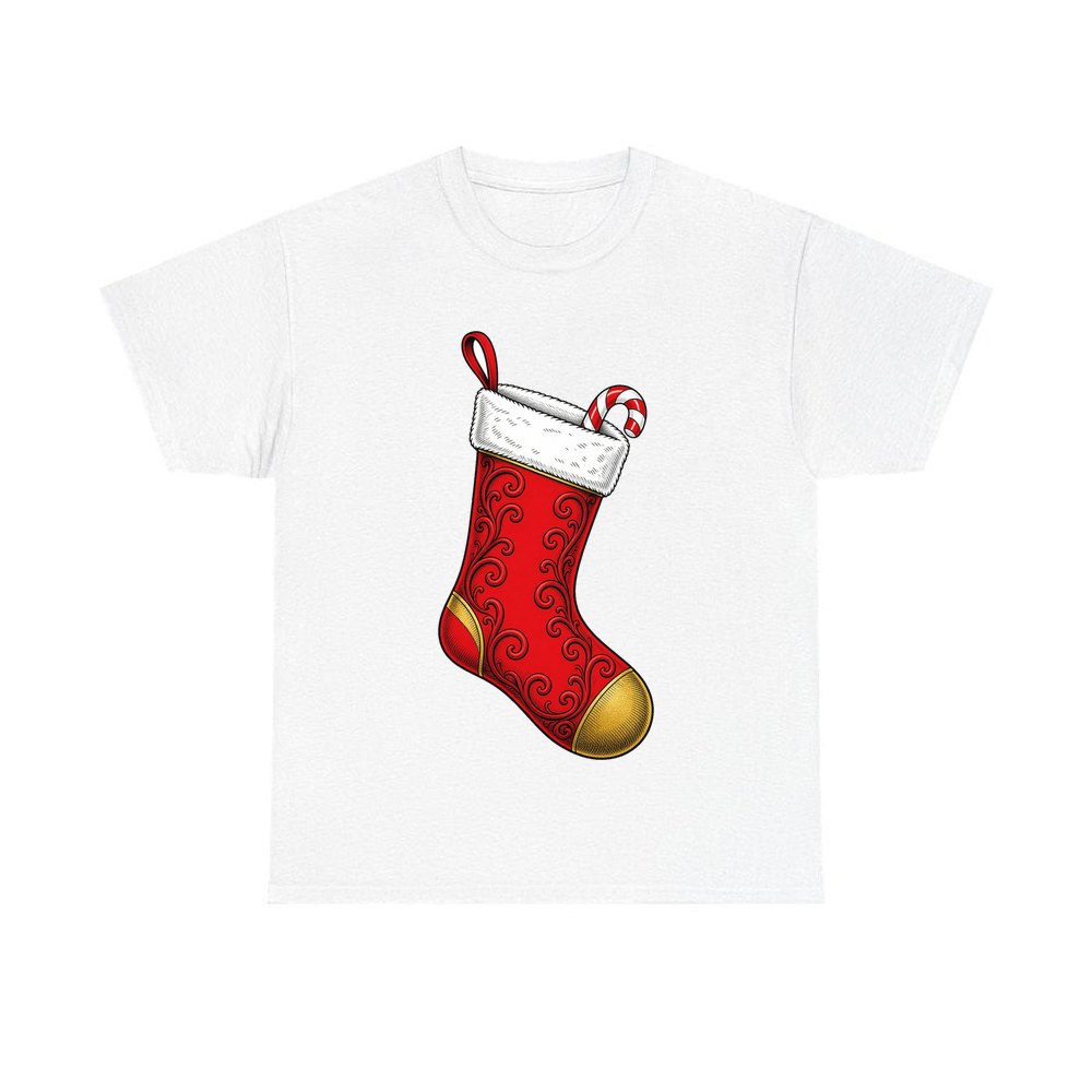 Red Christmas Stocking personalised Christmas T-shirt in white