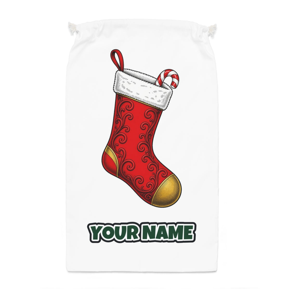 Red Christmas Stocking Santa sack laid flat, showing the full print
