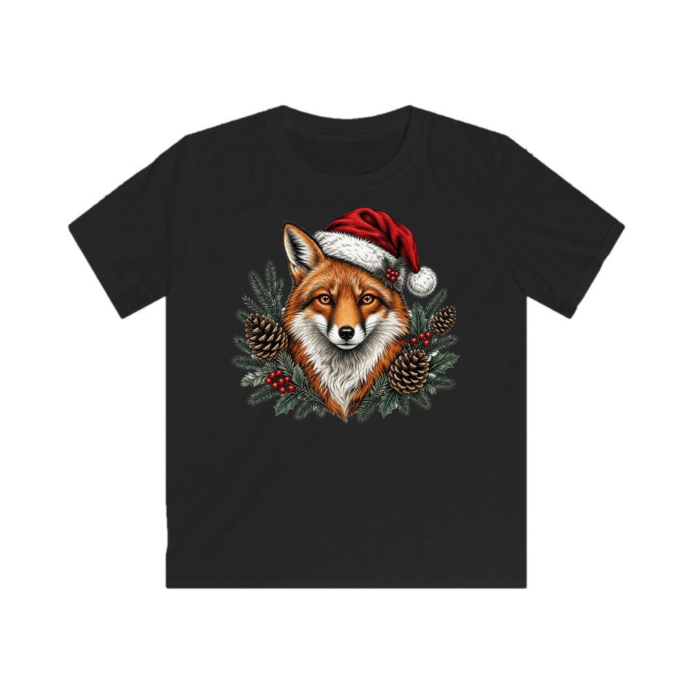 Red Fox in Santa Hat personalised kids Christmas tee in black