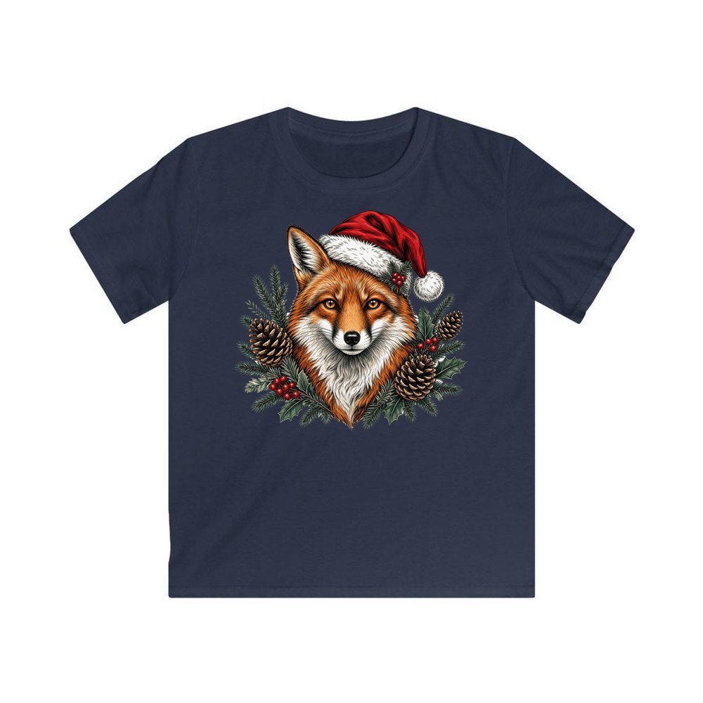 Red Fox in Santa Hat personalised kids Christmas tee in navy