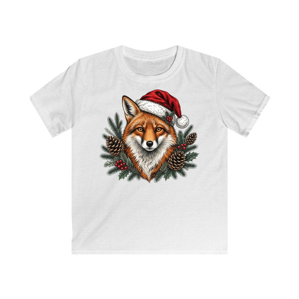 Red Fox in Santa Hat personalised kids Christmas tee in white