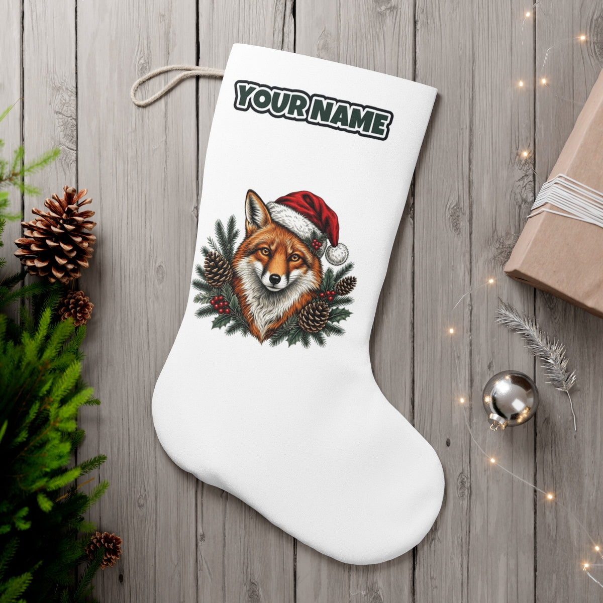Red Fox in Santa Hat personalised Christmas stocking, white, with the name across the top