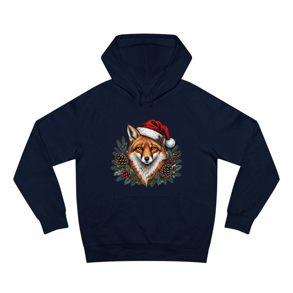 Red Fox in Santa Hat personalised Christmas hoodie in navy