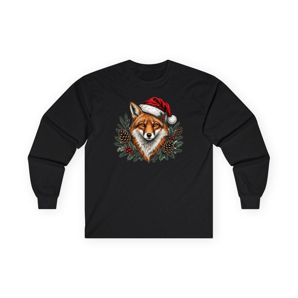 Red Fox in Santa Hat personalised long sleeve Christmas T-shirt in black