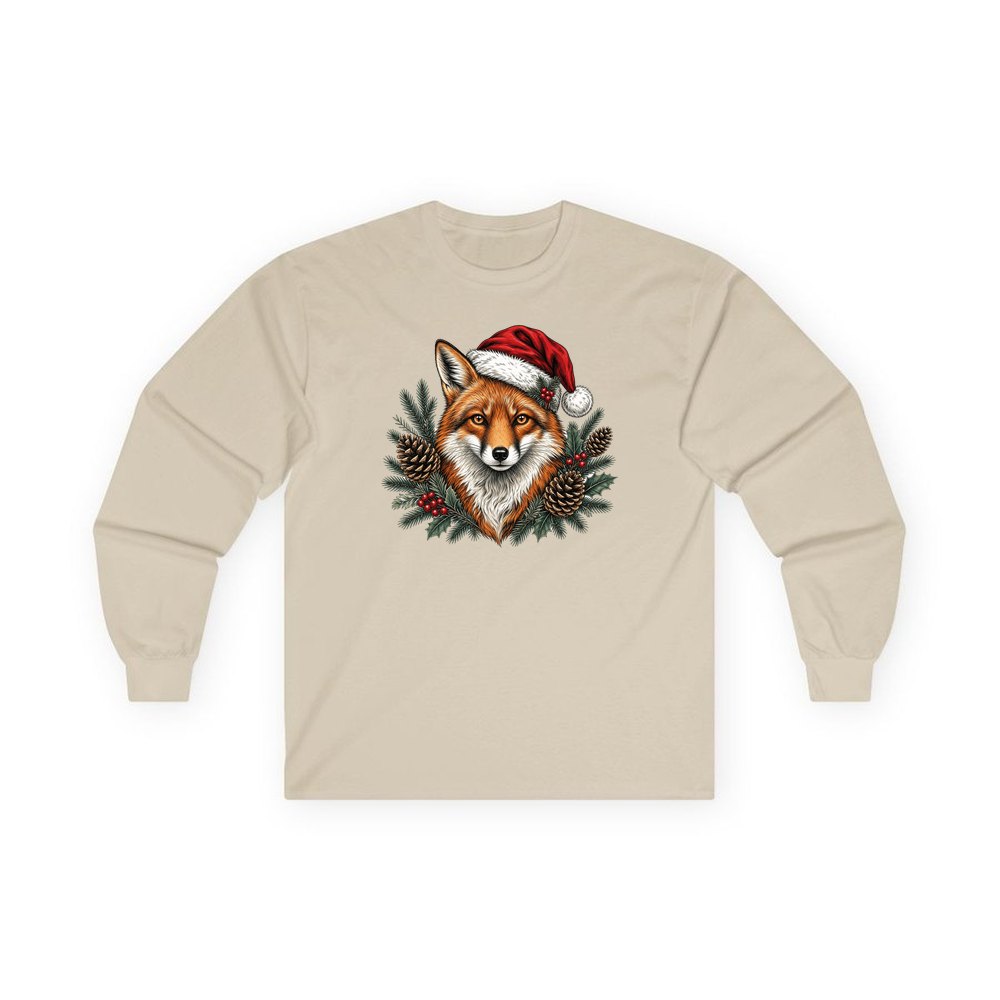 Red Fox in Santa Hat personalised long sleeve Christmas T-shirt in sand