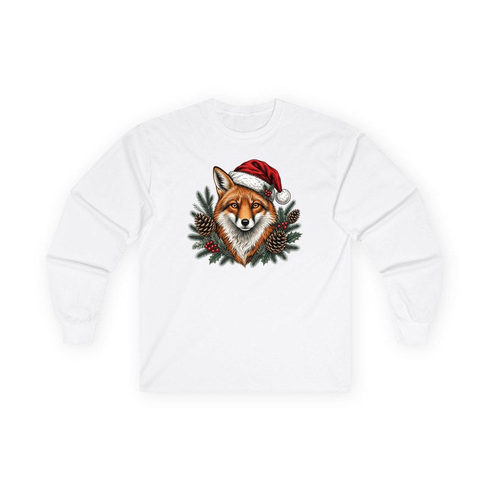 Red Fox in Santa Hat personalised long sleeve Christmas T-shirt in white