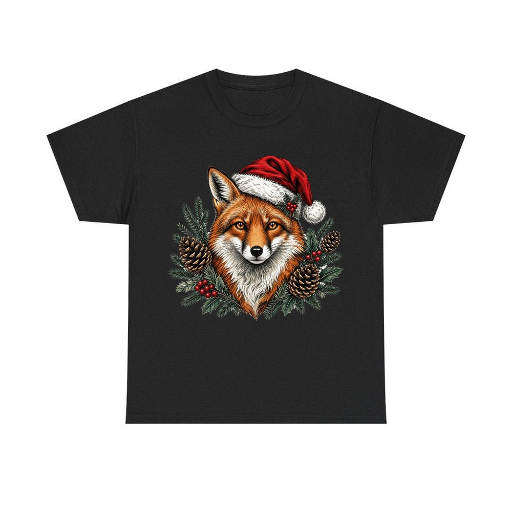 Red Fox in Santa Hat personalised Christmas T-shirt in black