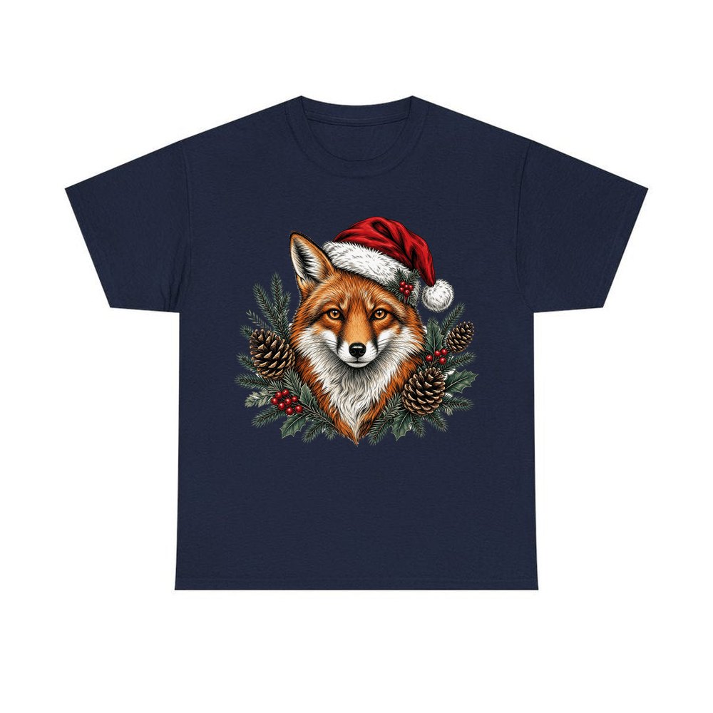 Red Fox in Santa Hat personalised Christmas T-shirt in navy