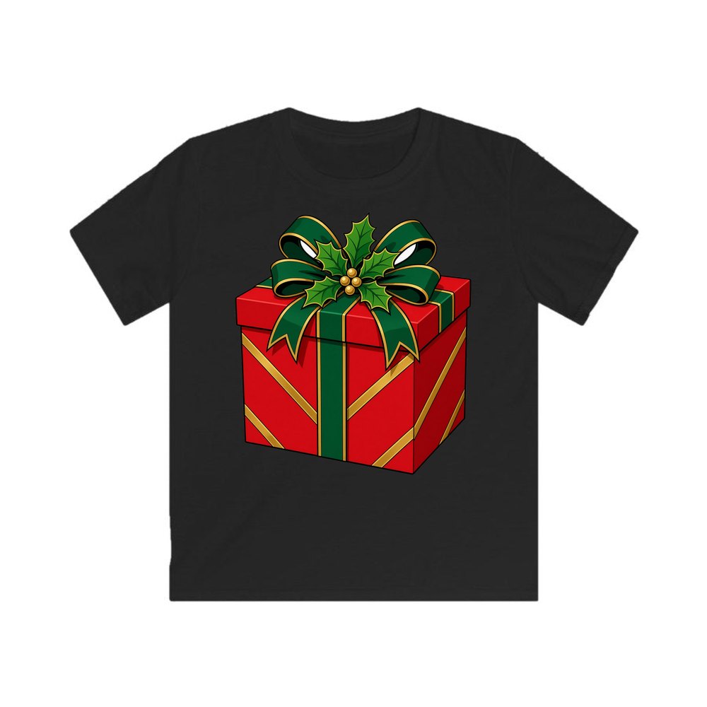 Red Gift Box Green Bow personalised kids Christmas tee in black