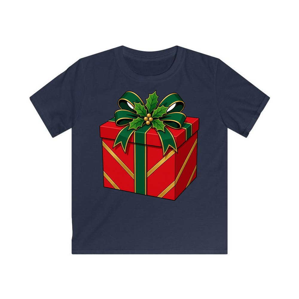 Red Gift Box Green Bow personalised kids Christmas tee in navy