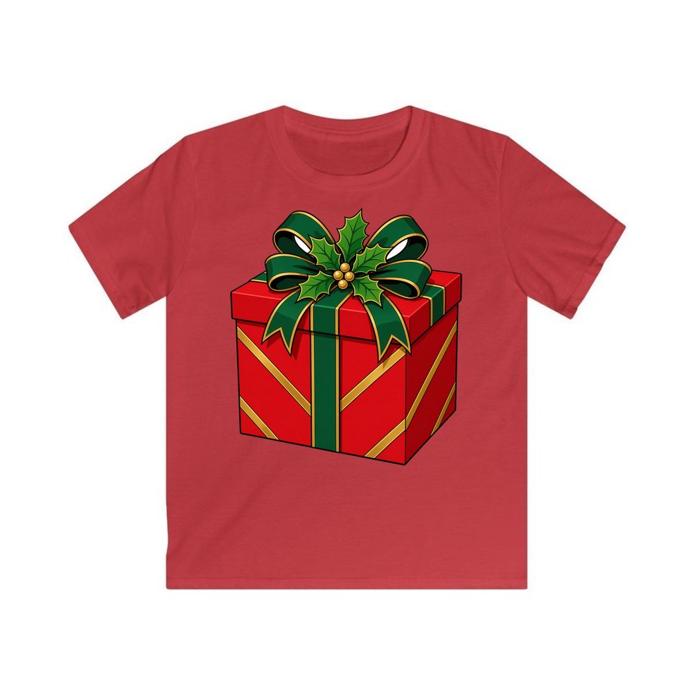 Red Gift Box Green Bow personalised kids Christmas tee in red
