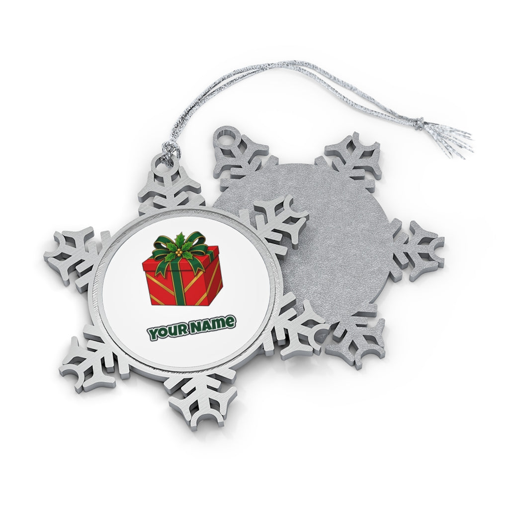 Red Gift Box Green Bow Personalised Pewter Christmas Ornament