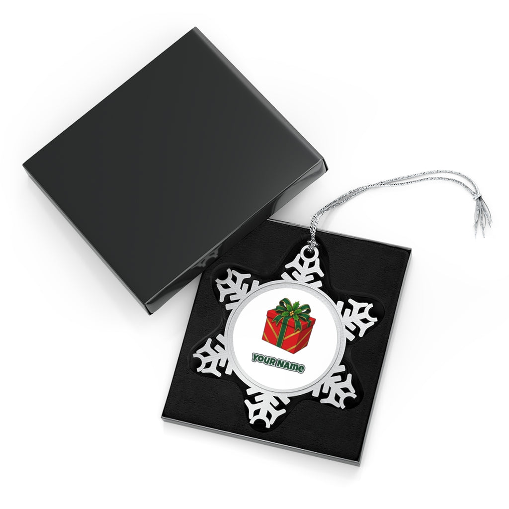 Red Gift Box Green Bow Personalised Pewter Christmas Ornament