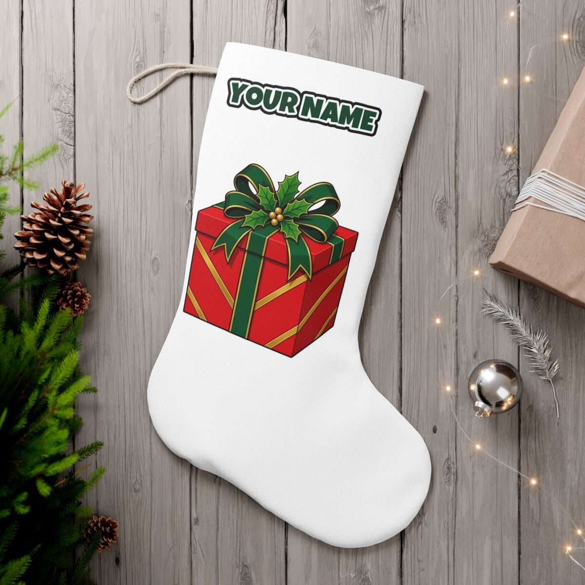 Red Gift Box Green Bow personalised Christmas stocking, white, with the name across the top