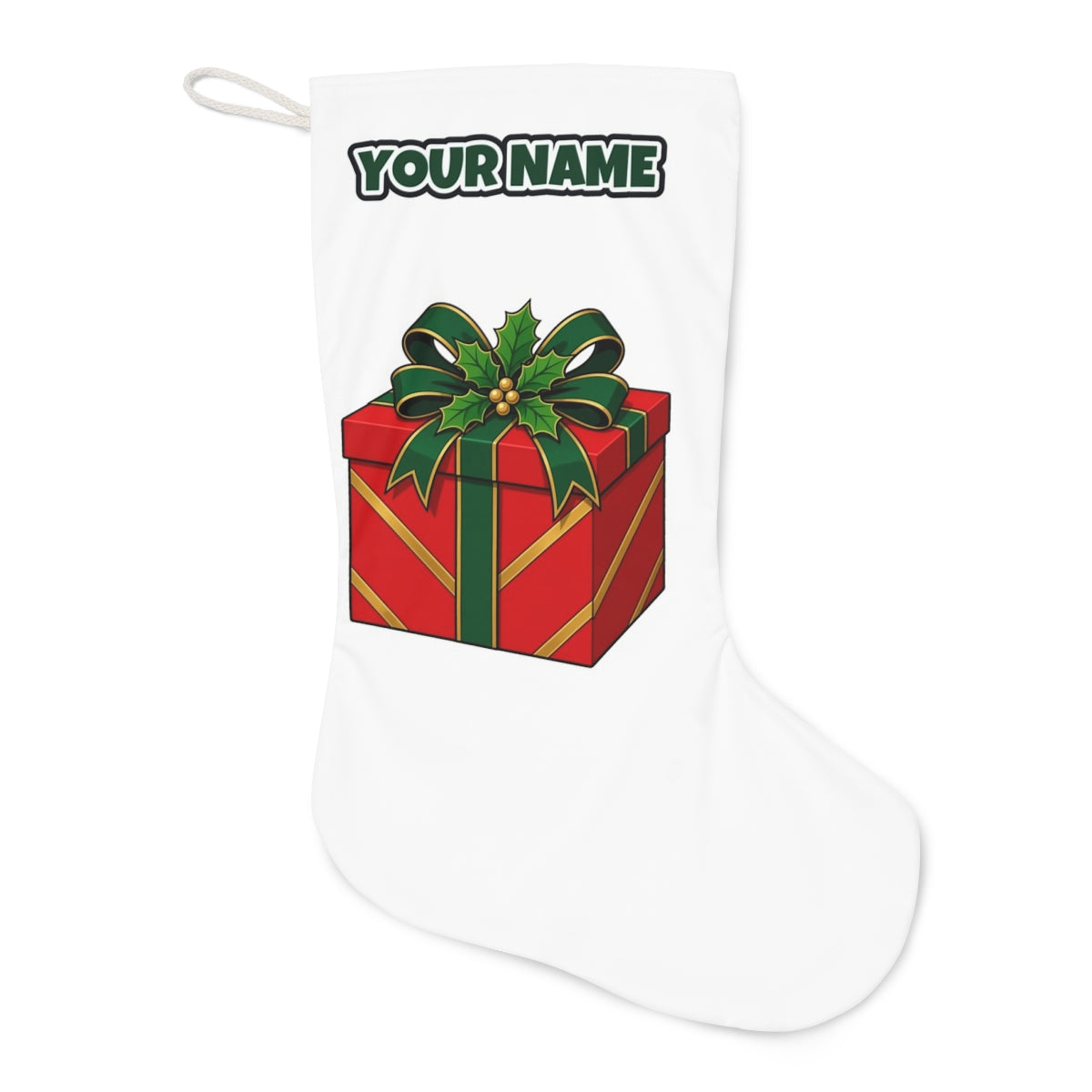 Red Gift Box Green Bow Christmas stocking laid flat, showing the full print