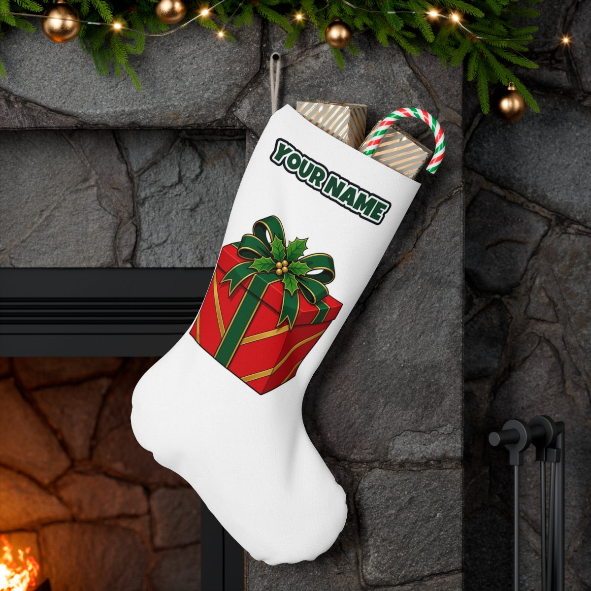 Red Gift Box Green Bow personalised Christmas stocking hanging on a mantel