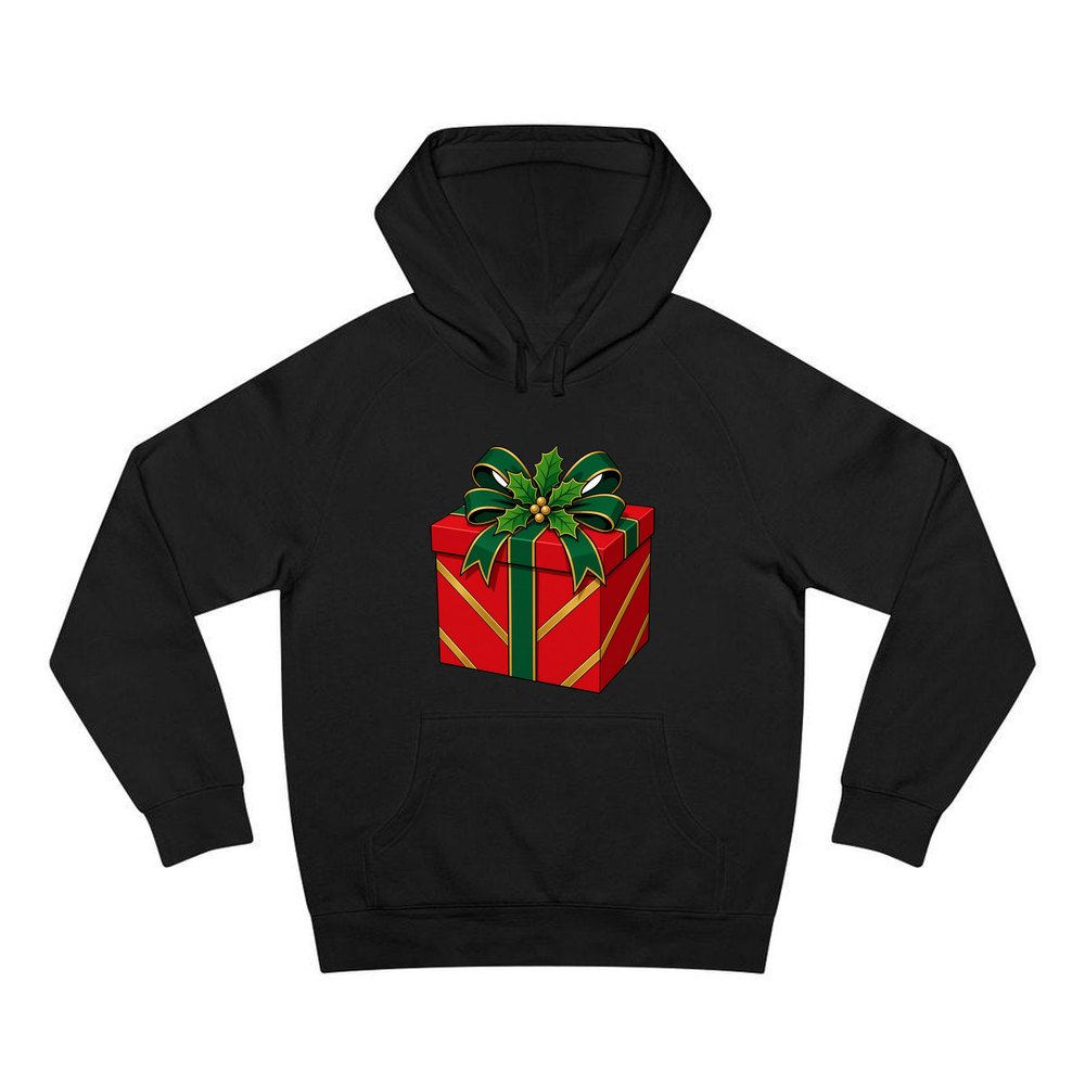 Red Gift Box Green Bow personalised Christmas hoodie in black