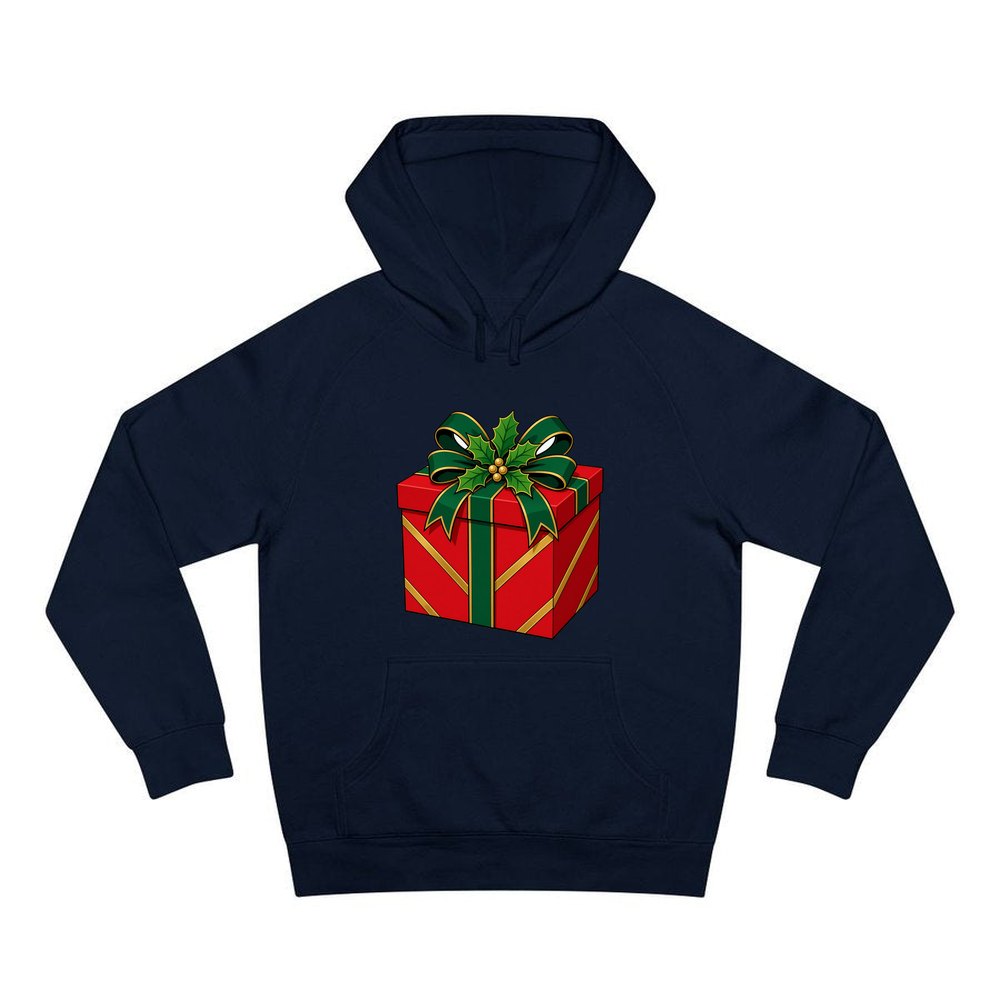 Red Gift Box Green Bow personalised Christmas hoodie in navy