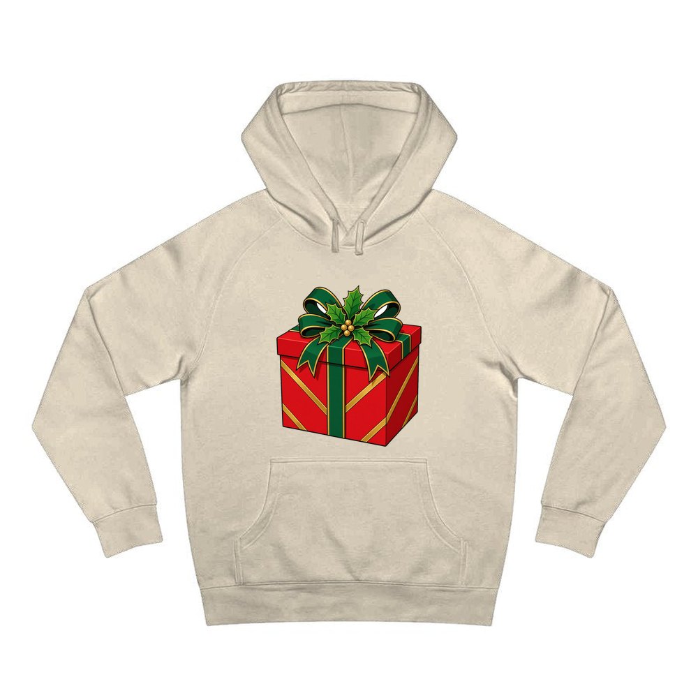Red Gift Box Green Bow personalised Christmas hoodie in sand