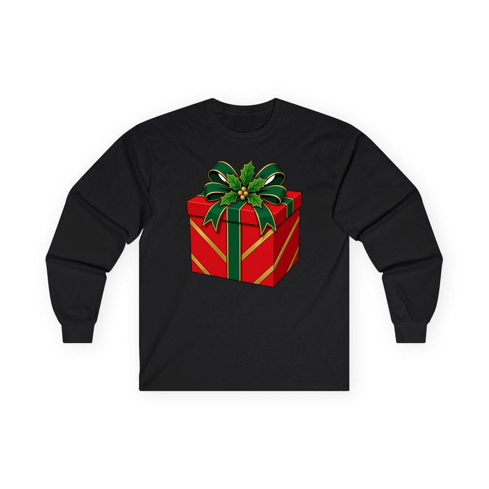 Red Gift Box Green Bow personalised long sleeve Christmas T-shirt in black
