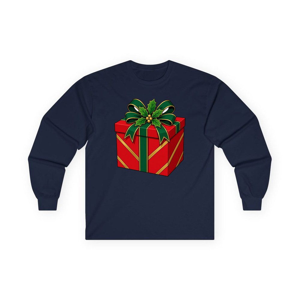 Red Gift Box Green Bow personalised long sleeve Christmas T-shirt in navy