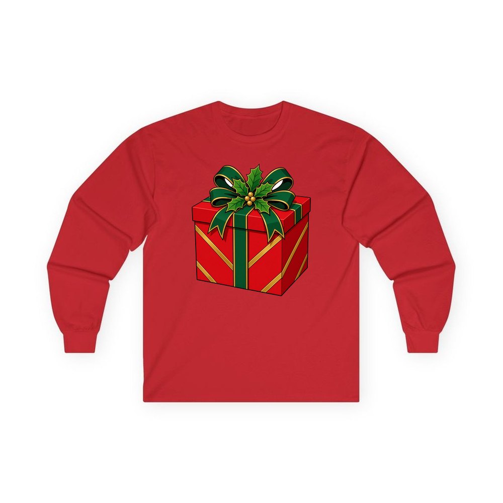 Red Gift Box Green Bow personalised long sleeve Christmas T-shirt in red