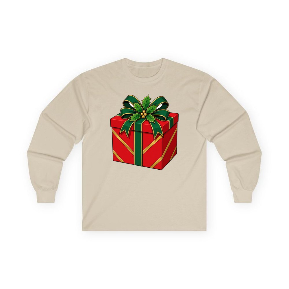 Red Gift Box Green Bow personalised long sleeve Christmas T-shirt in sand