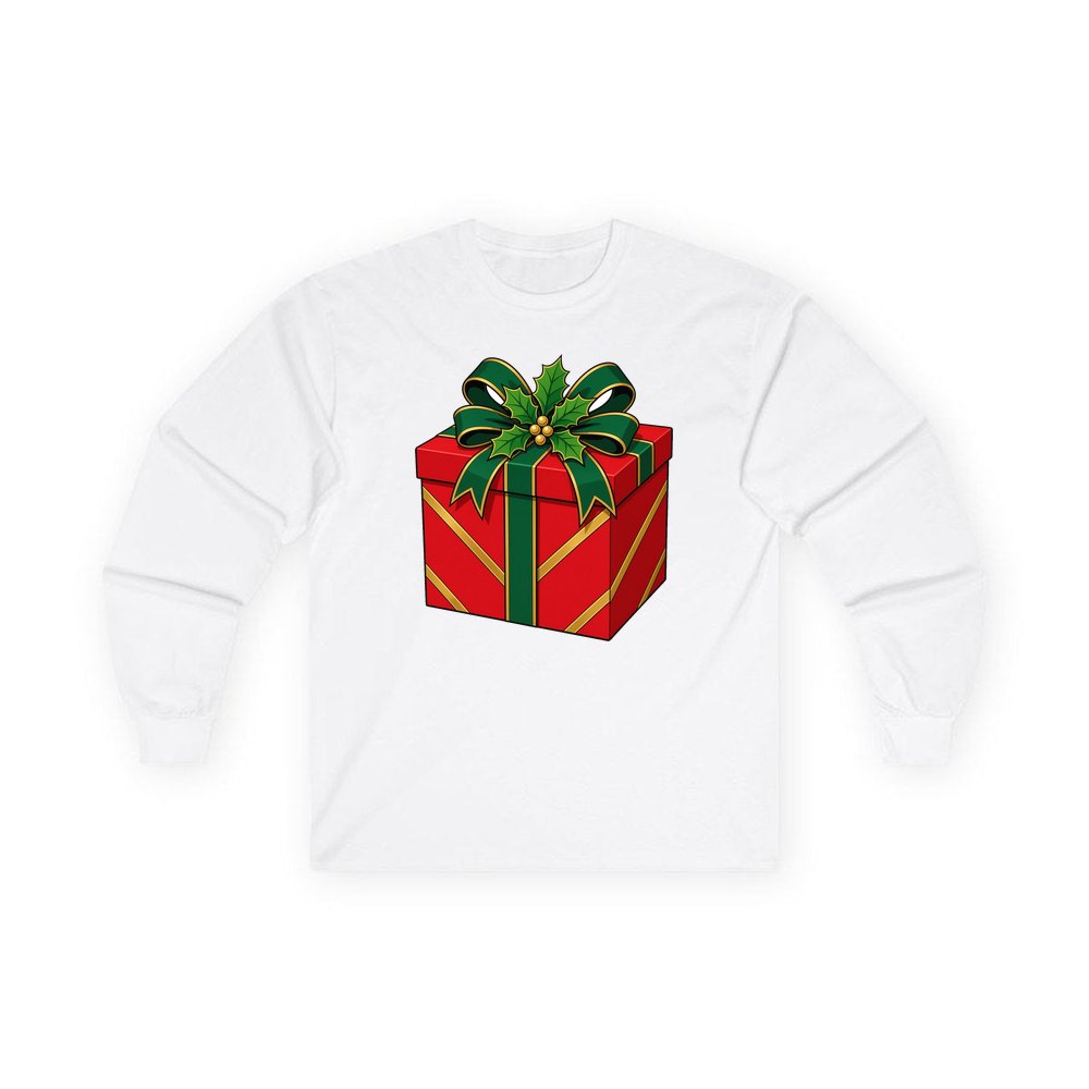 Red Gift Box Green Bow personalised long sleeve Christmas T-shirt in white