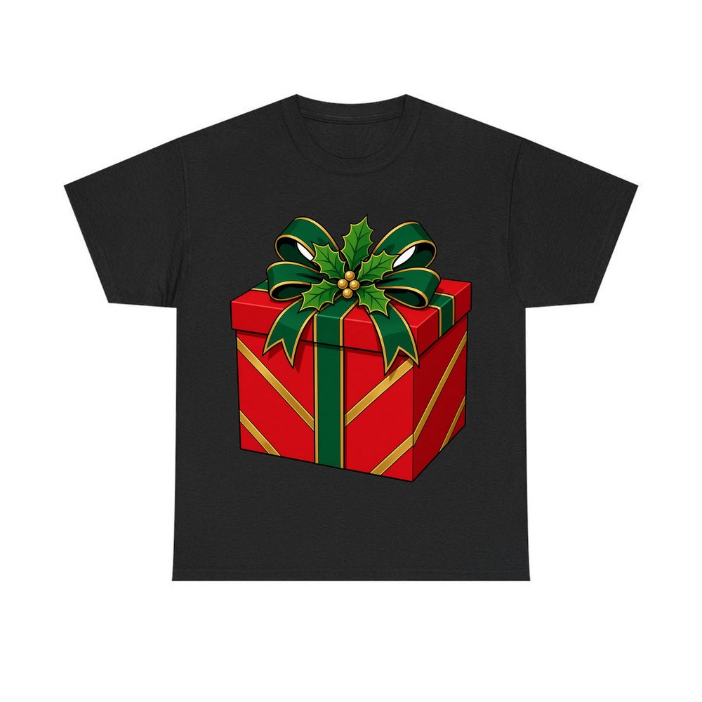 Red Gift Box Green Bow personalised Christmas T-shirt in black
