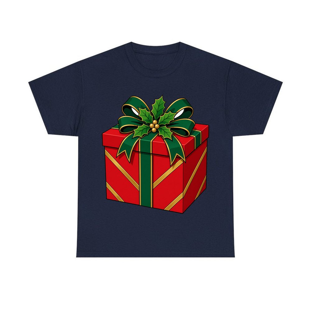 Red Gift Box Green Bow personalised Christmas T-shirt in navy