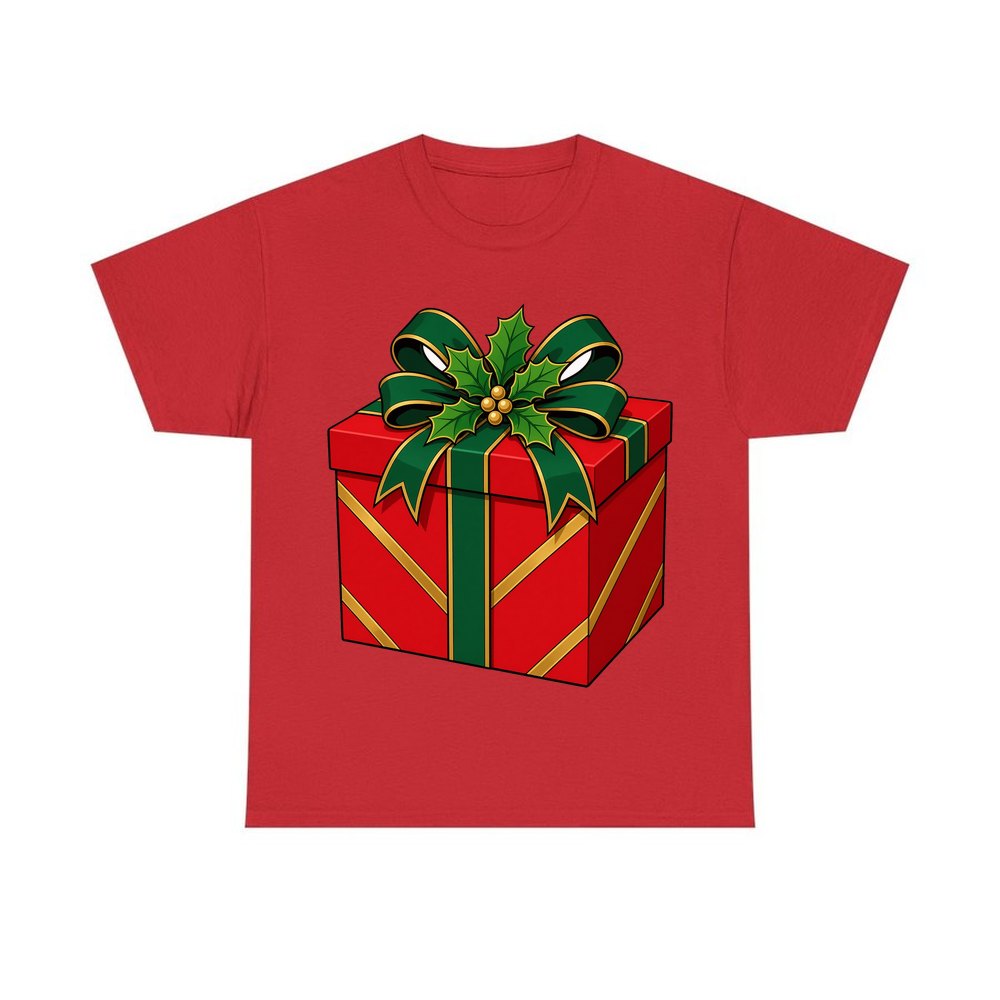 Red Gift Box Green Bow personalised Christmas T-shirt in red