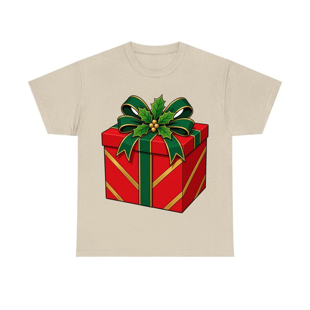 Red Gift Box Green Bow personalised Christmas T-shirt in sand