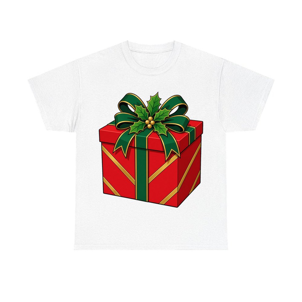 Red Gift Box Green Bow personalised Christmas T-shirt in white