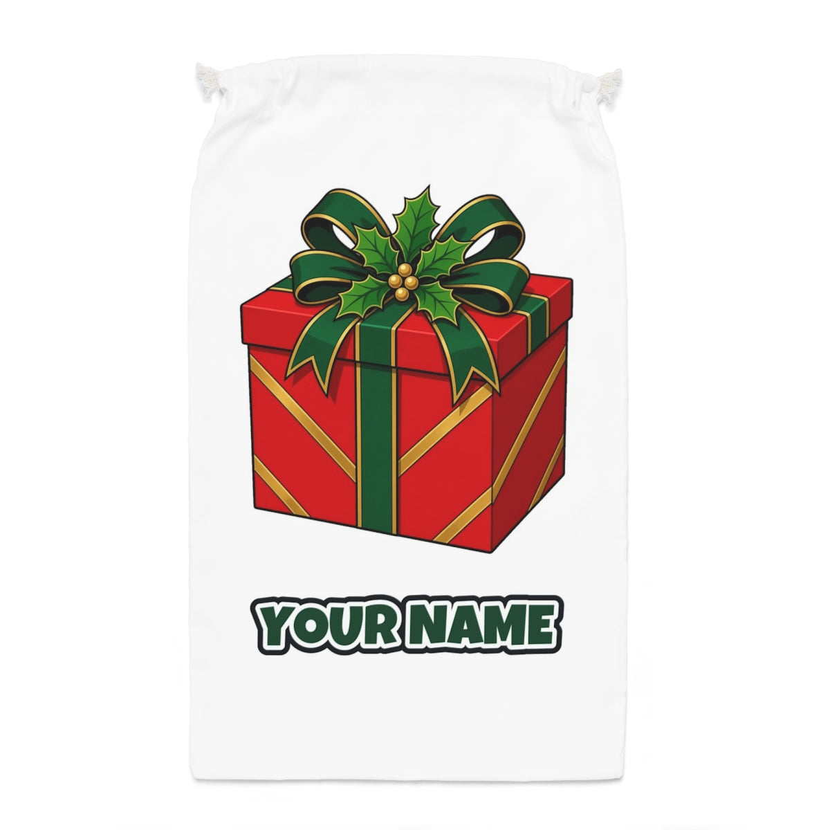 Red Gift Box Green Bow Santa sack laid flat, showing the full print