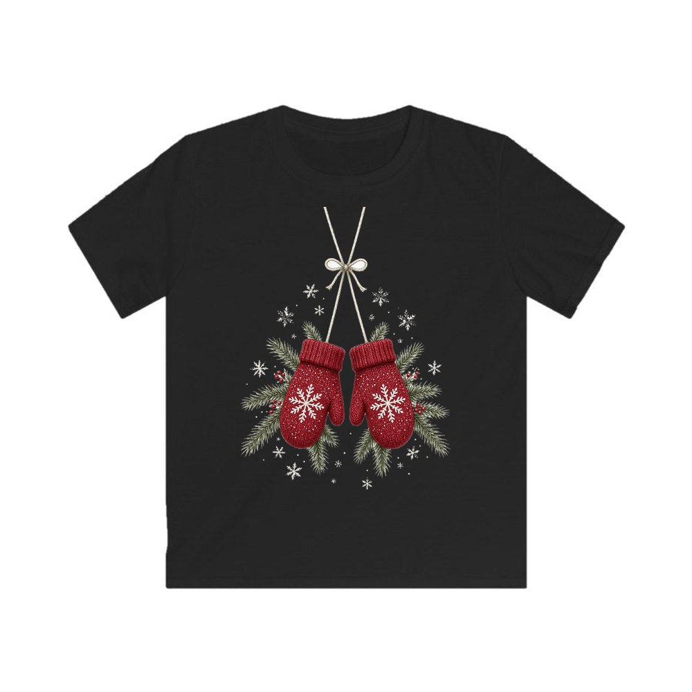 Red Knitted Christmas Mittens personalised kids Christmas tee in black
