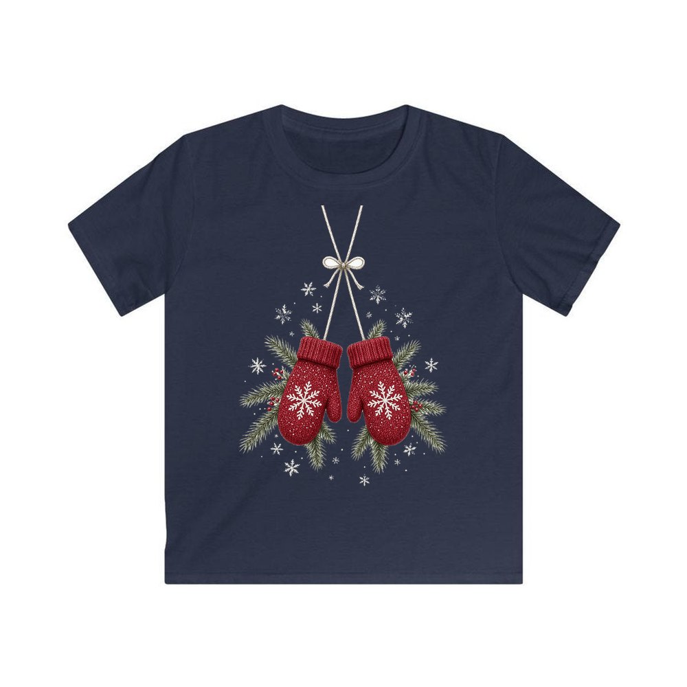 Red Knitted Christmas Mittens personalised kids Christmas tee in navy