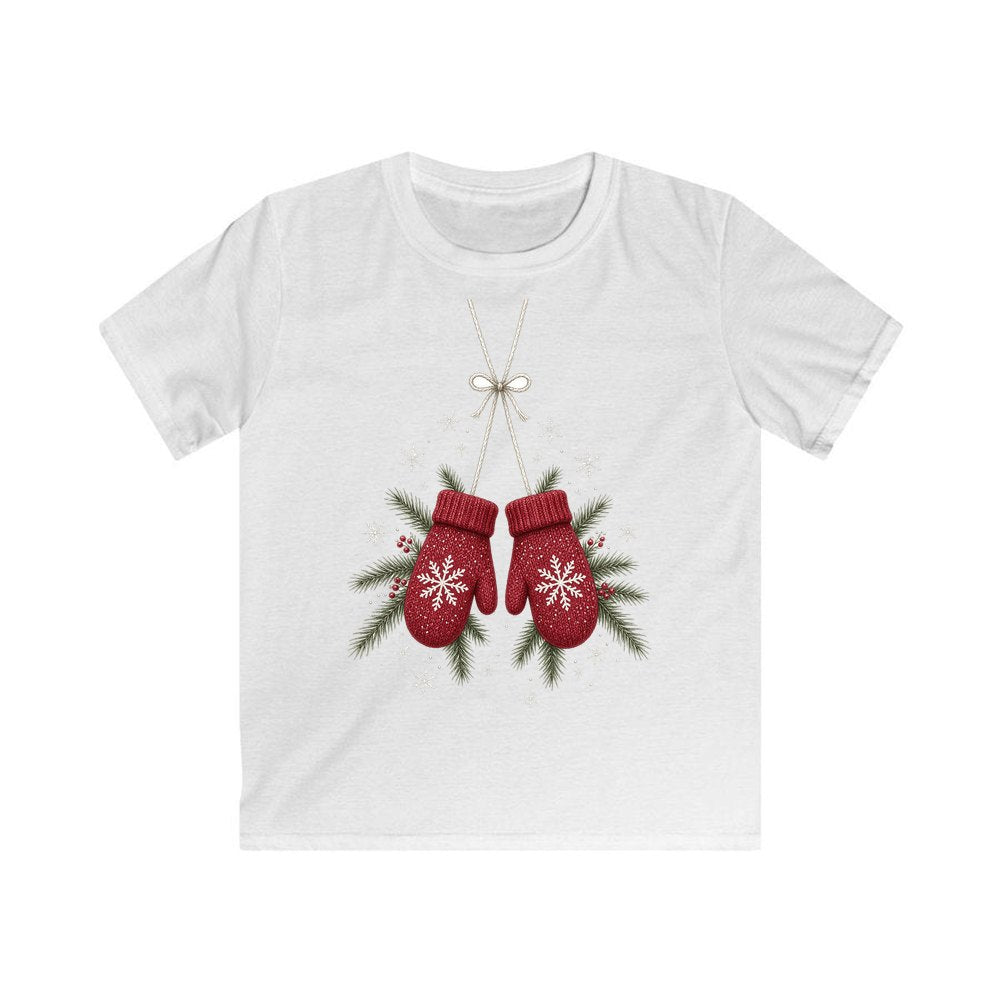 Red Knitted Christmas Mittens personalised kids Christmas tee in white