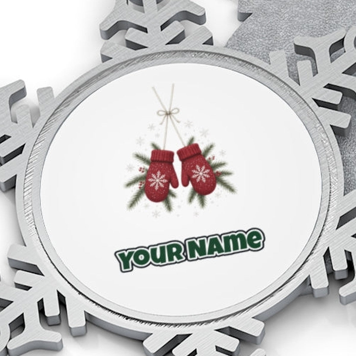 Red Knitted Christmas Mittens Personalised Pewter Christmas Ornament