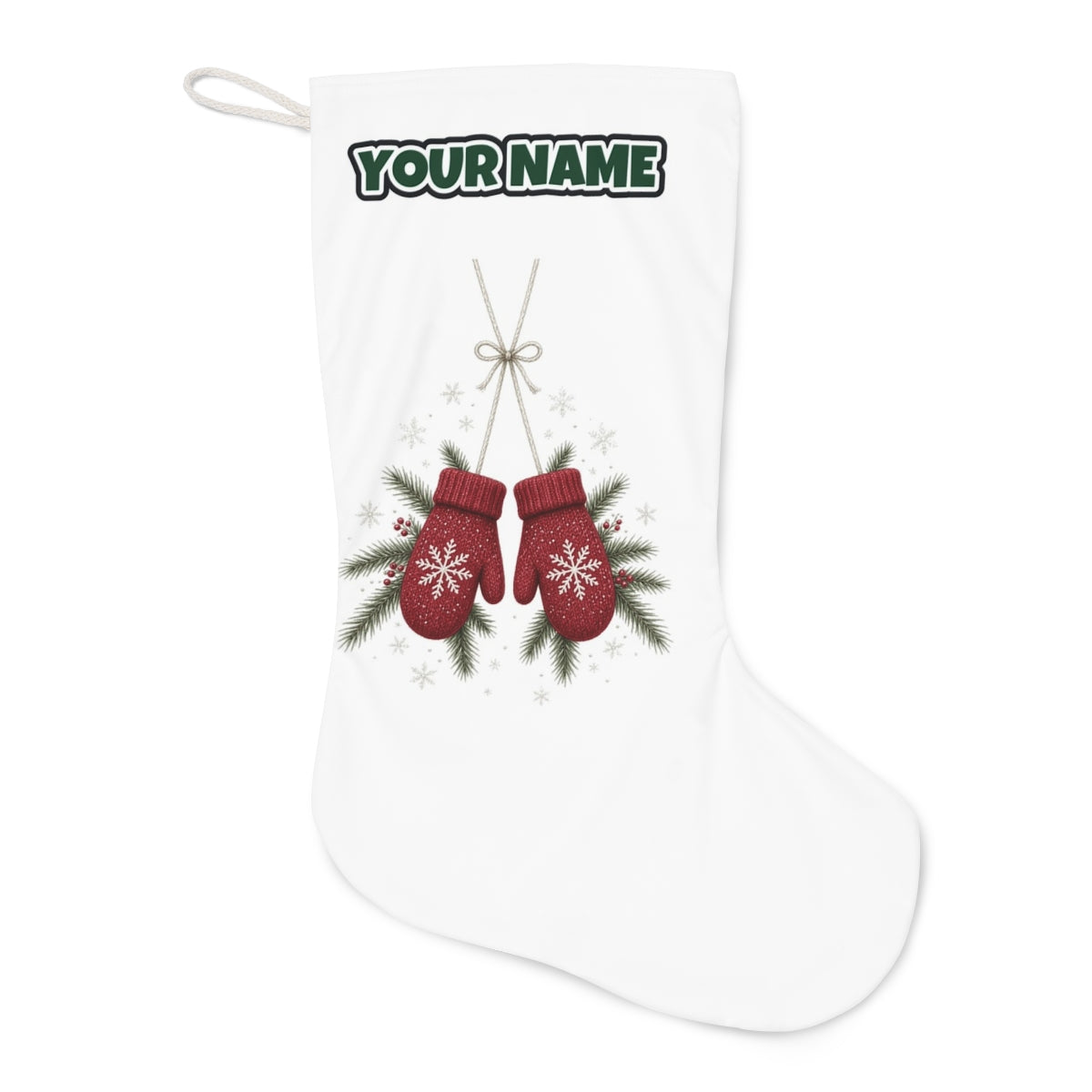 Red Knitted Christmas Mittens Christmas stocking laid flat, showing the full print
