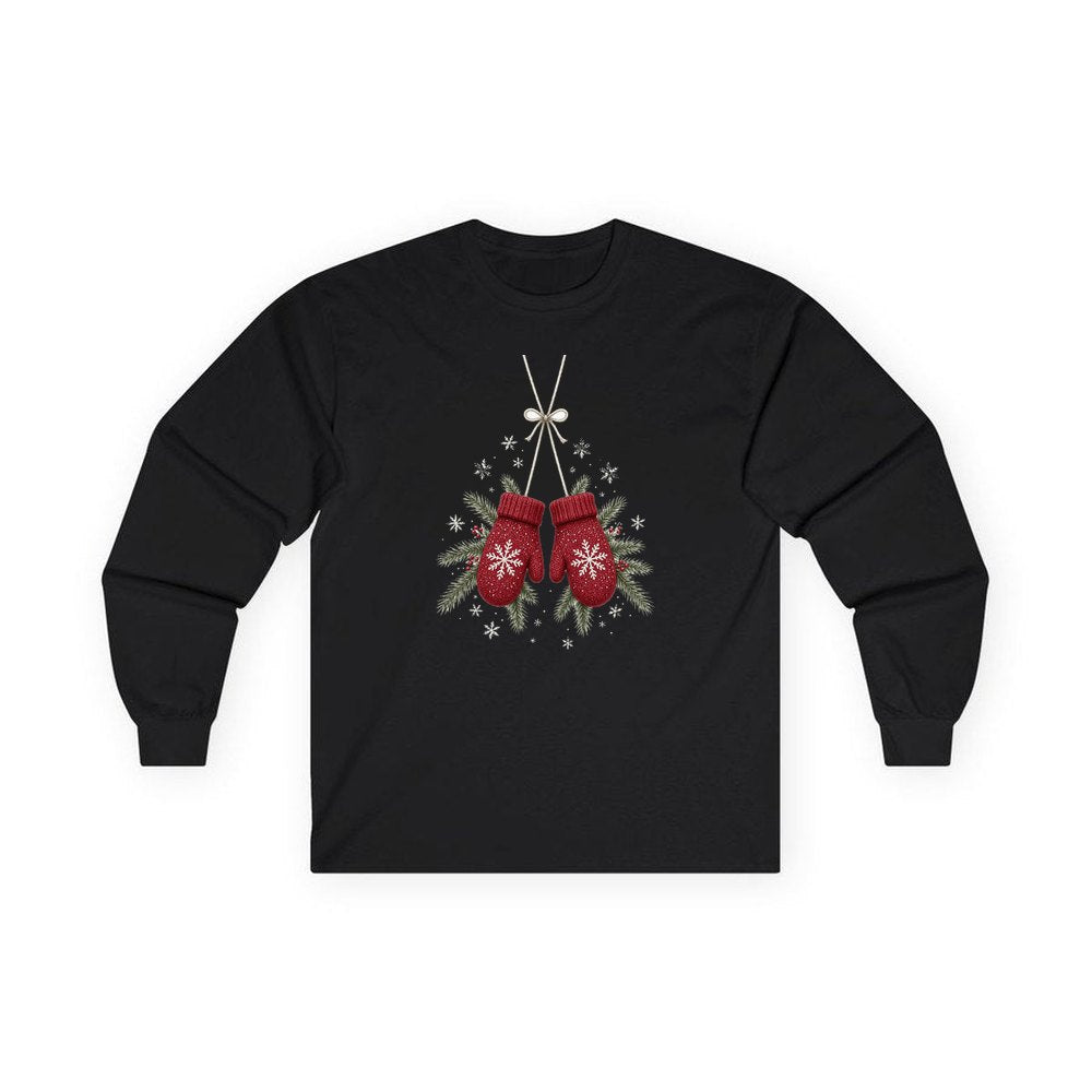 Red Knitted Christmas Mittens personalised long sleeve Christmas T-shirt in black