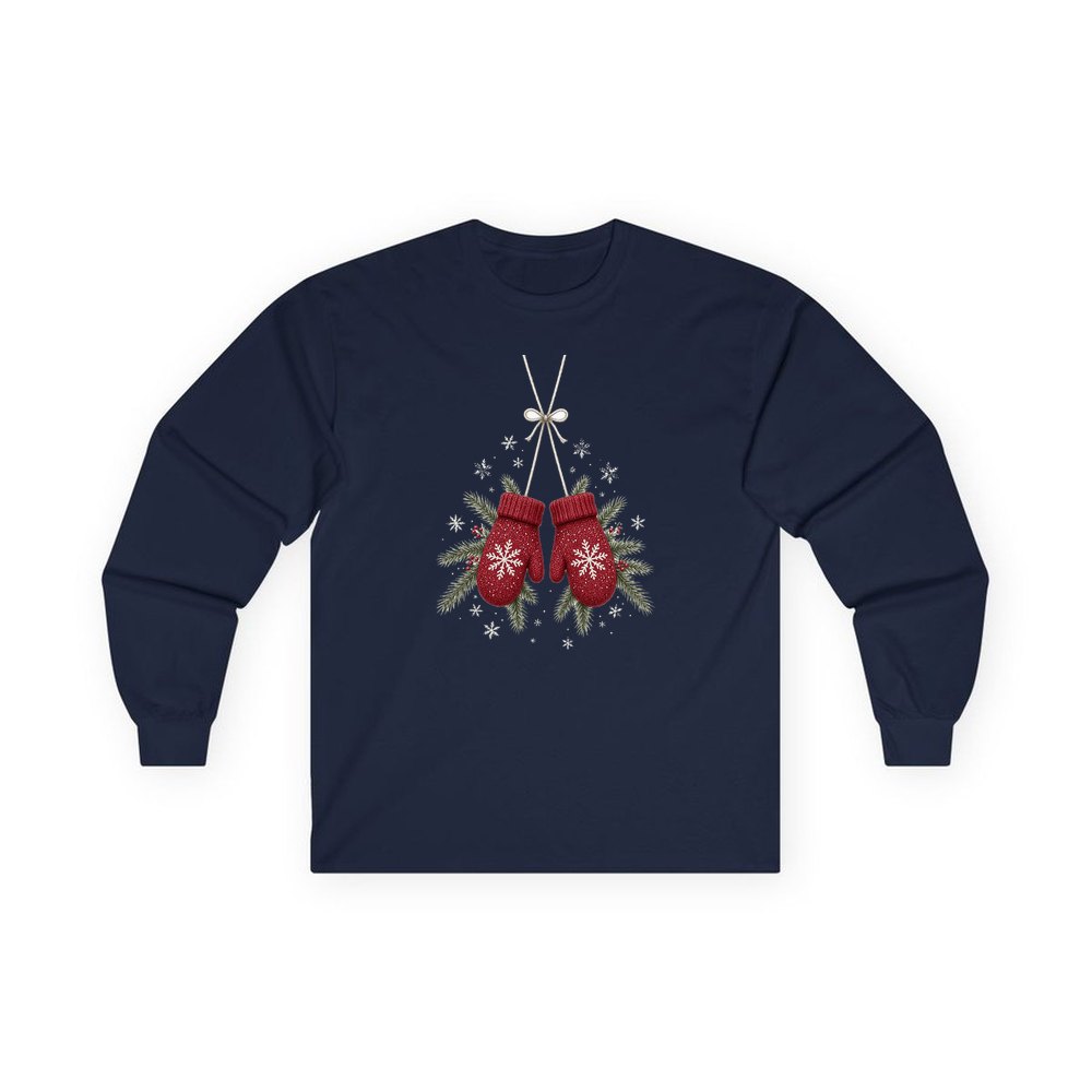 Red Knitted Christmas Mittens personalised long sleeve Christmas T-shirt in navy