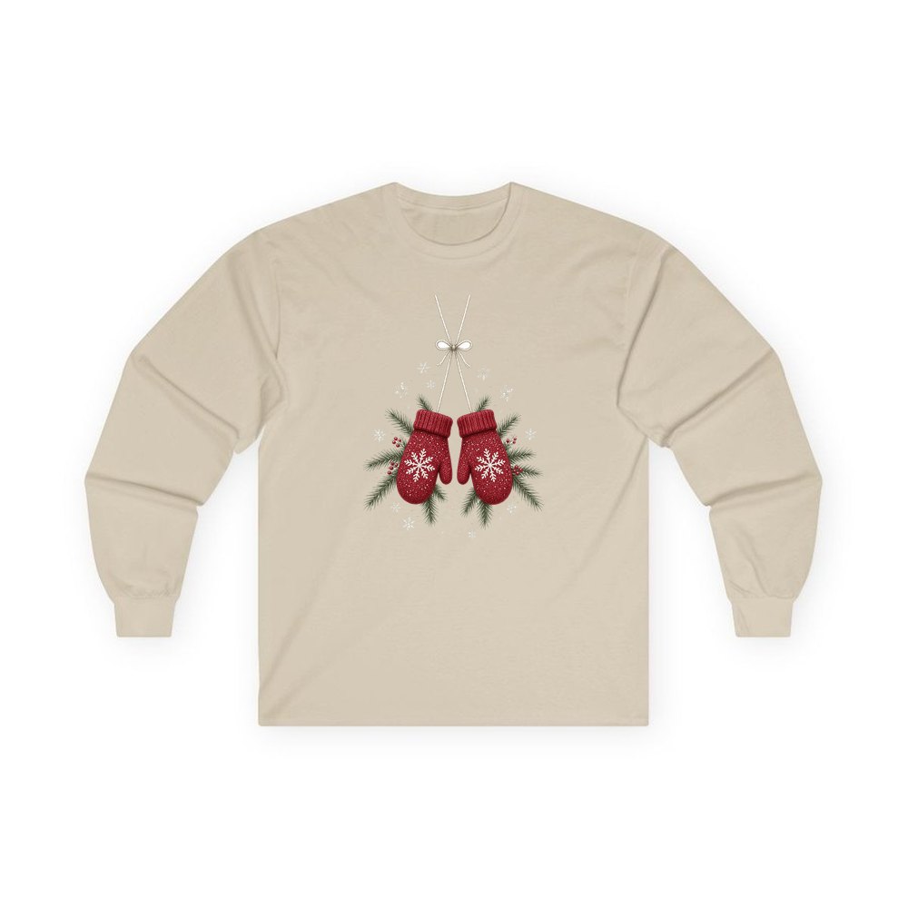 Red Knitted Christmas Mittens personalised long sleeve Christmas T-shirt in sand