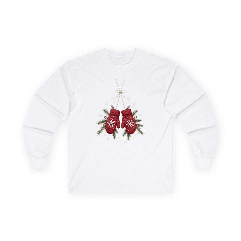Red Knitted Christmas Mittens personalised long sleeve Christmas T-shirt in white