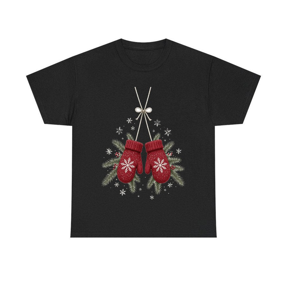 Red Knitted Christmas Mittens personalised Christmas T-shirt in black