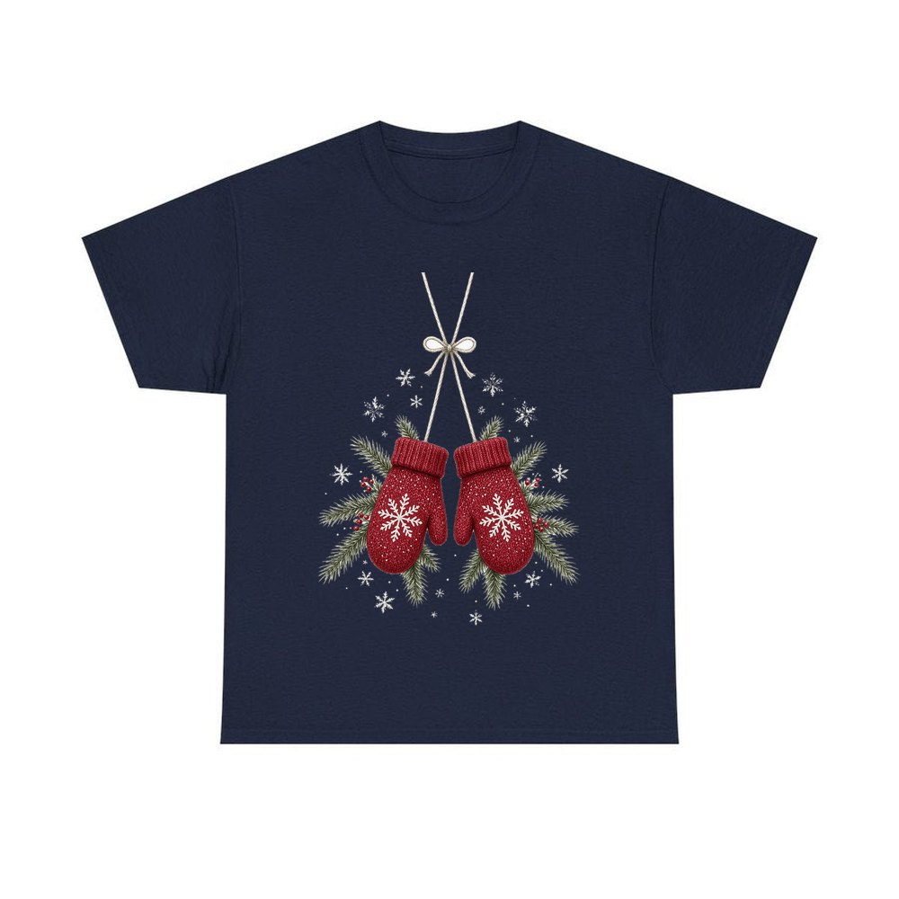 Red Knitted Christmas Mittens personalised Christmas T-shirt in navy