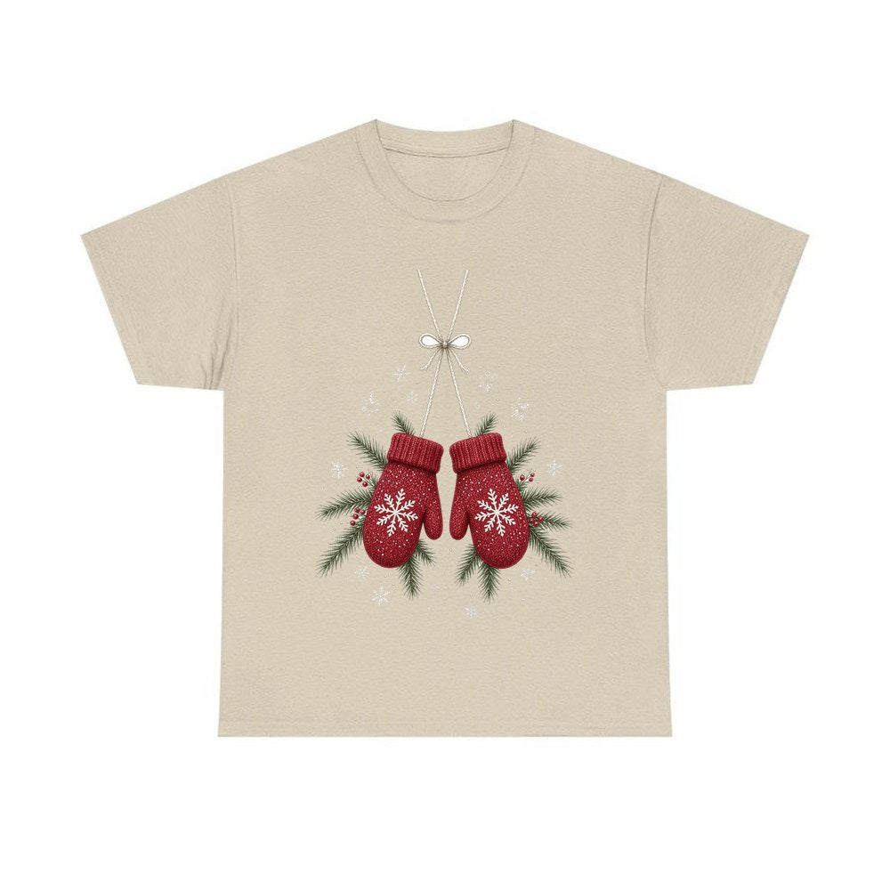 Red Knitted Christmas Mittens personalised Christmas T-shirt in sand
