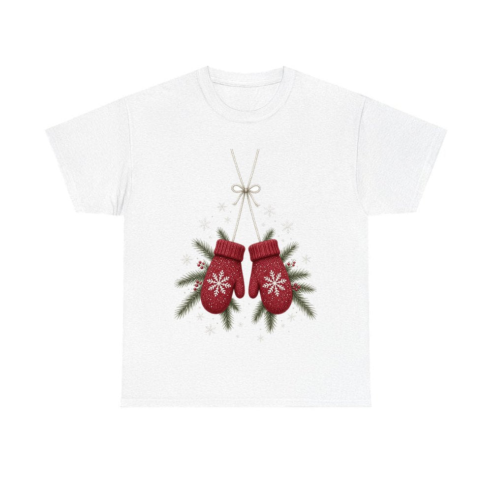 Red Knitted Christmas Mittens personalised Christmas T-shirt in white