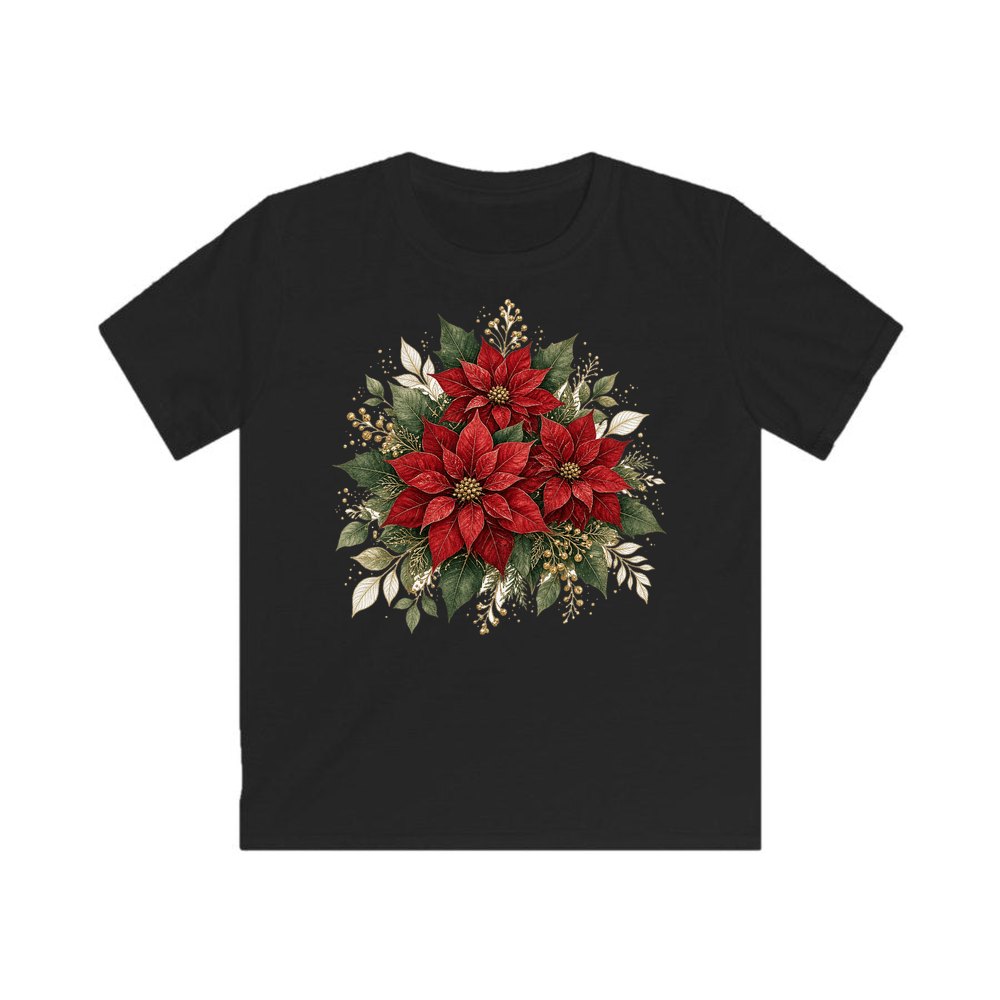 Red Poinsettia Bouquet personalised kids Christmas tee in black